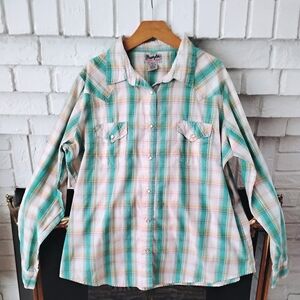 Wrangler Casual Plaid Shirt - Green, White, and Pink